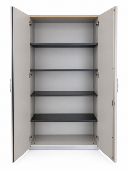 Grauer Steelcase Flügeltürenschrank mit 5 Ordnerhöhen, schwarzen Einlegeböden und Metallgehäuse, 100x46x192 cm.