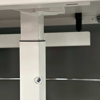 Close-up of Steelcase Kalidro adjustable white desk leg with manual height adjustment and cable management channel
