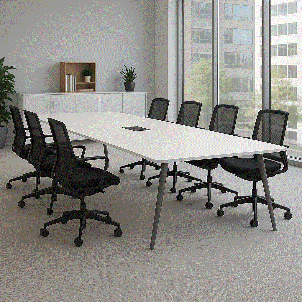 Steelcase Konferenztisch Potrero 415 Light Table 350x92 cm weiß mit integriertem Mediakit und anthrazitfarbenem Metallgestell in modernem Büro mit schwarzen Rollstühlen