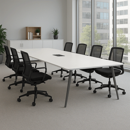 Steelcase Konferenztisch Potrero 415 Light Table 350x92 cm weiß mit integriertem Mediakit und anthrazitfarbenem Metallgestell in modernem Büro mit schwarzen Rollstühlen