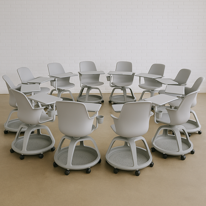 Runder Kreis aus platinfarbenen Steelcase Node Seminarstühlen mit Schreibtablars und Rollen in modernem Lernraum.