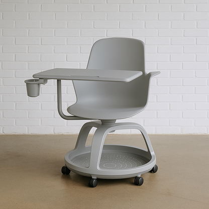 moderner Steelcase Node Seminarstuhl in Platin mit Schreibtablar, Stauraum und Rollen, flexibel drehbar, für aktives Lernen und einfaches Umgestalten von Unterrichtsräumen
