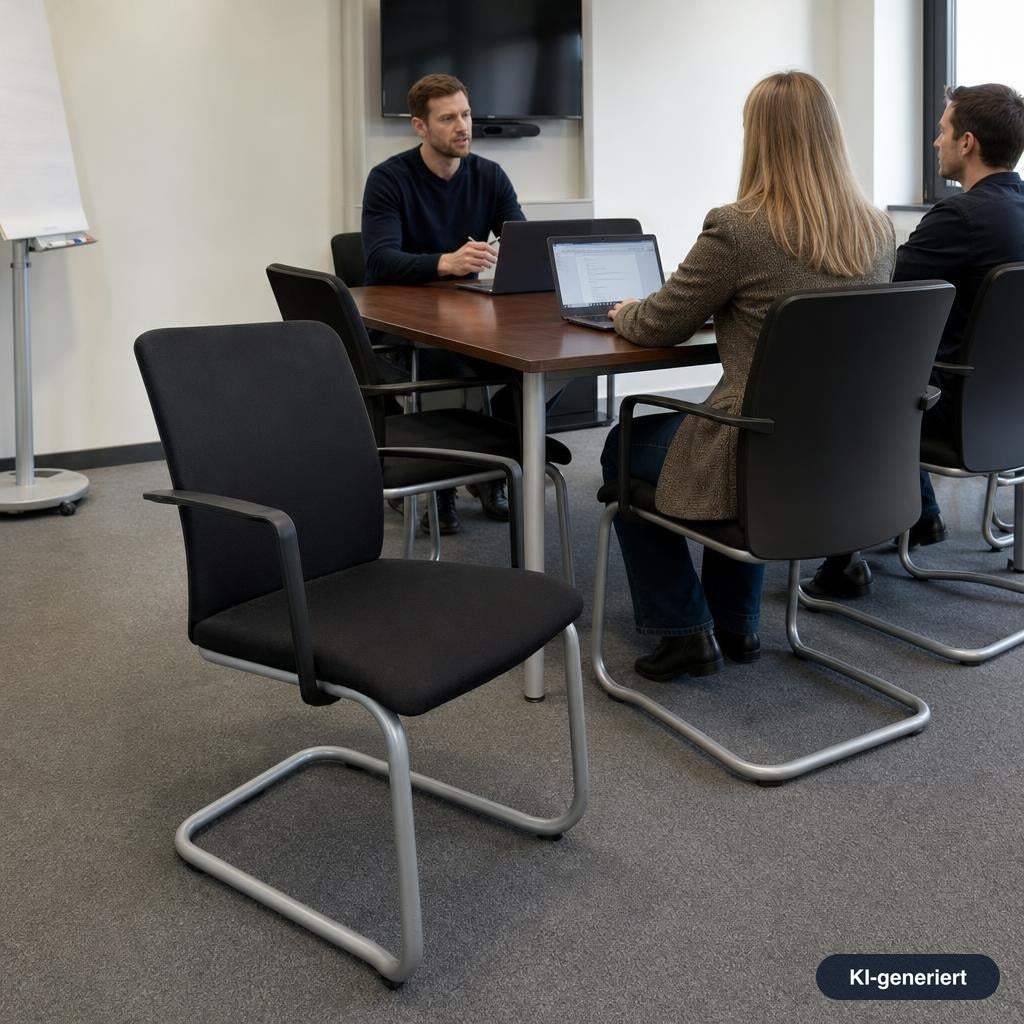 Steelcase Northside Freischwinger Konferenzstuhl mit schwarzem Polster und silbernem Freischwinger-Gestell im Büro.