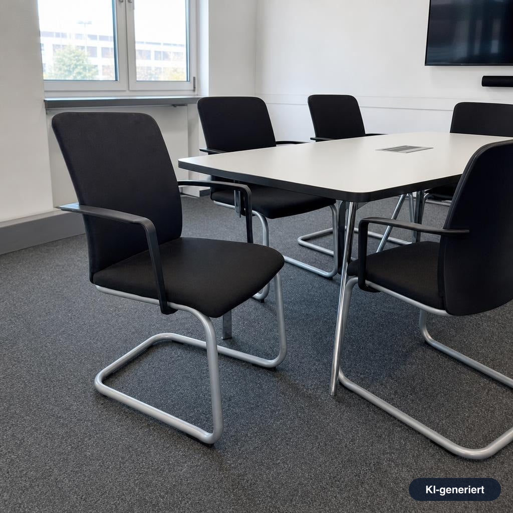 Steelcase Northside Freischwinger Stühle mit schwarzem Polster und silbernem Freischwinger-Gestell im Konferenzraum.