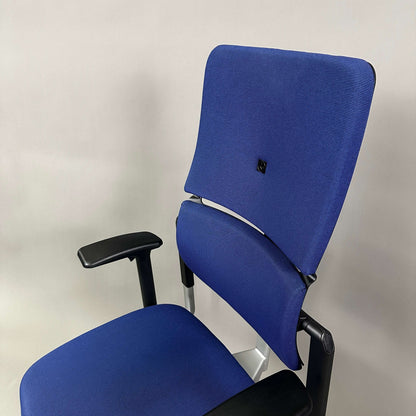 Steelcase Please ergonomic office chair in blue with adjustable armrests and lumbar support