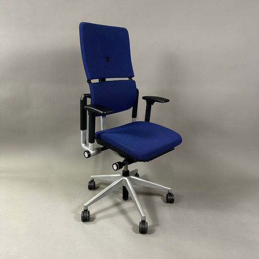 Steelcase Please ergonomic blue office chair with adjustable armrests and silver metal frame