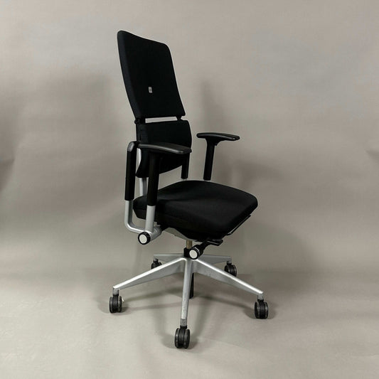 Steelcase Please V2 ergonomic office chair in black with silver base and adjustable features