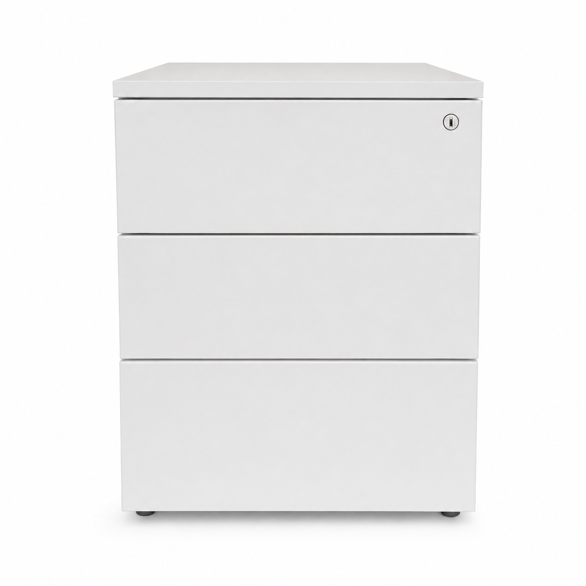 Weißer Steelcase Rollcontainer mit drei Schubladen, melaminbeschichtet, 42x60x52 cm, mit integriertem Schloss.