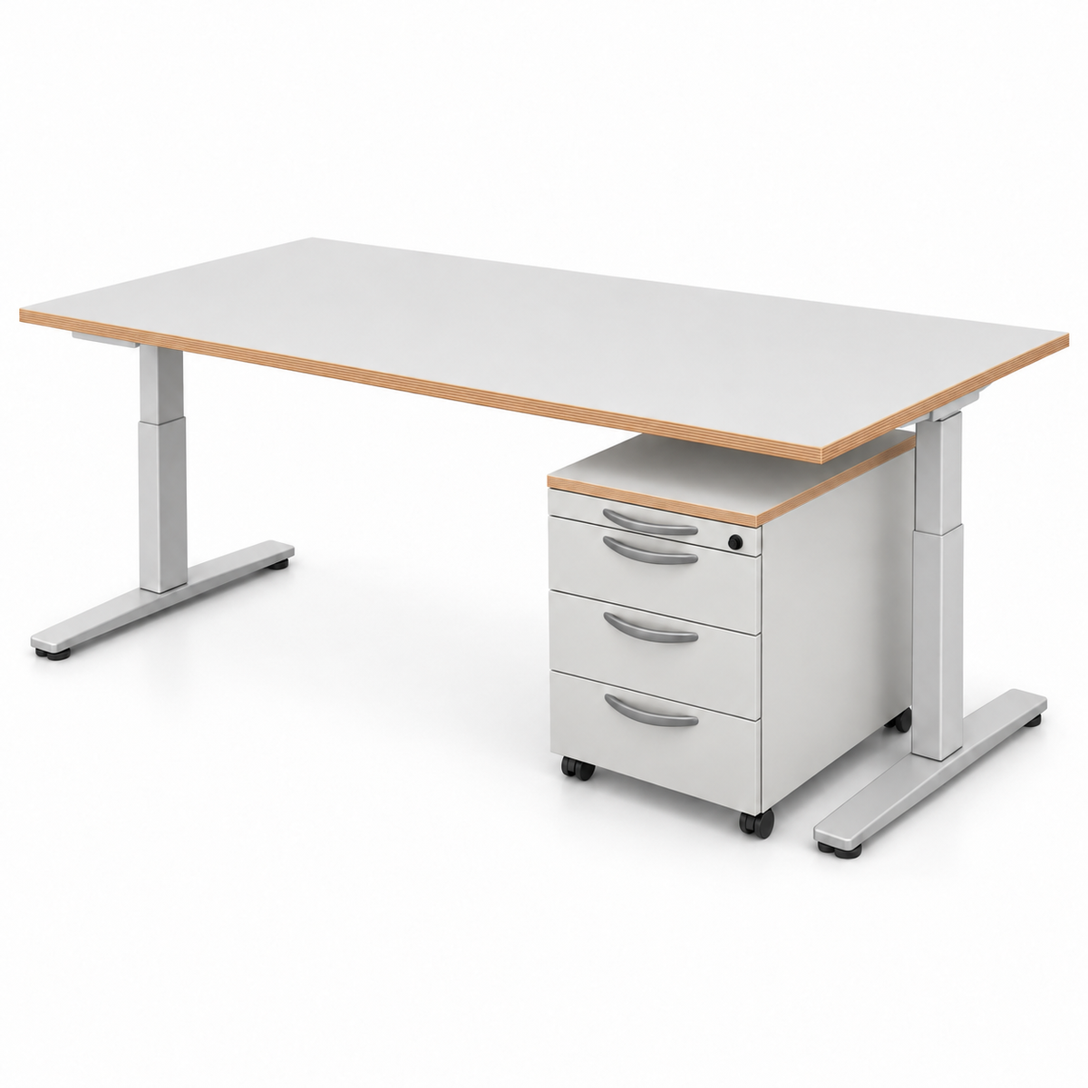 Steelcase Schreibtisch mit hellem Holzdekor und weißem Rollcontainer mit vier abschließbaren Schubladen auf Rollen.