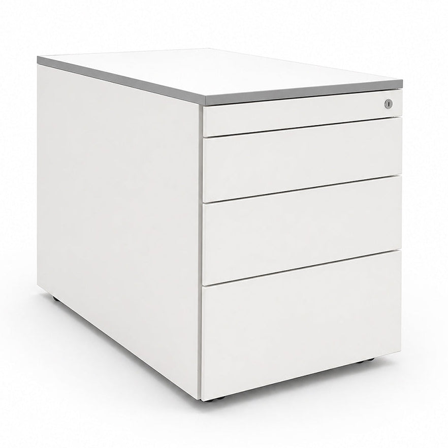 Weißer Steelcase Rollcontainer mit 3 abschließbaren Schubladen und grauer Kante, 80cm tief.