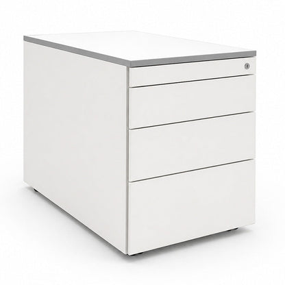 Weißer Steelcase Rollcontainer mit 3 abschließbaren Schubladen und grauer Kante, 80cm tief.