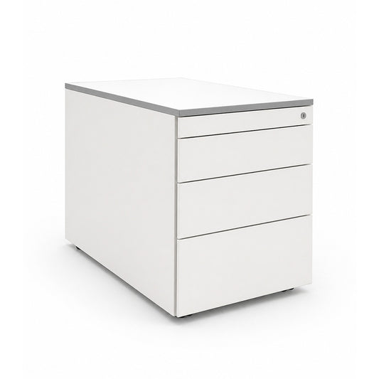 Weißer Steelcase Rollcontainer mit 3 abschließbaren Schubladen und grauer Kante, 80cm tief.