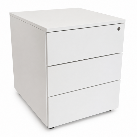 Weißer Steelcase Rollcontainer mit drei Schubladen, melaminbeschichtet, 42x60x52 cm, modernes Bürodesign mit Schloss.