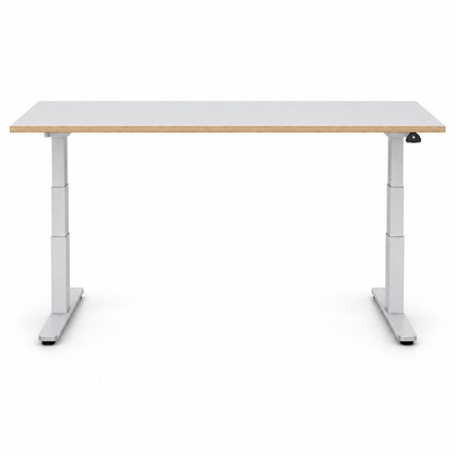 Elektrisch höhenverstellbarer Steelcase Schreibtisch 180x90cm mit weißer Tischplatte und markanter Multiplexkante.