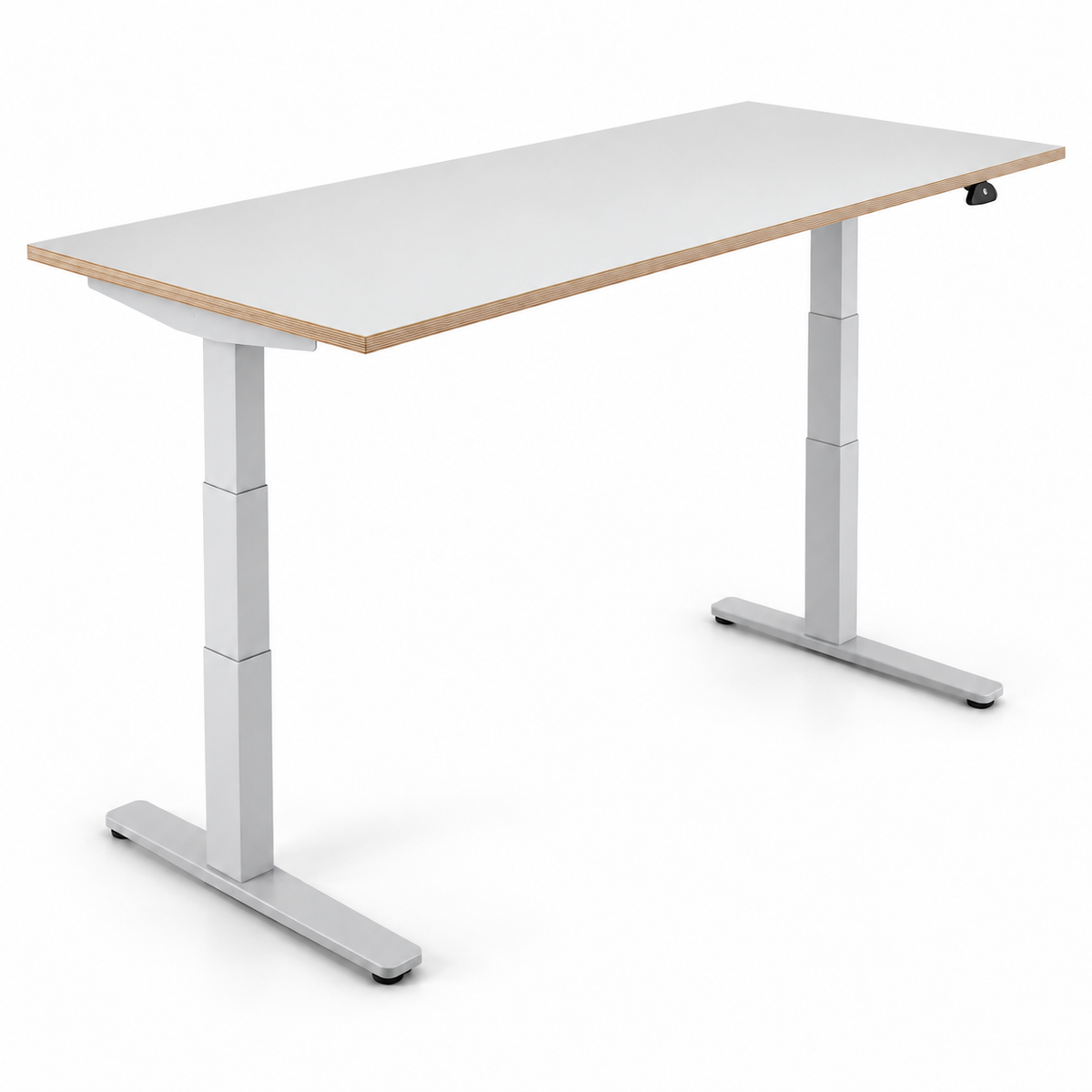 Elektrisch höhenverstellbarer Steelcase Schreibtisch 180x90cm mit weißer Tischplatte und markanter Multiplexkante.