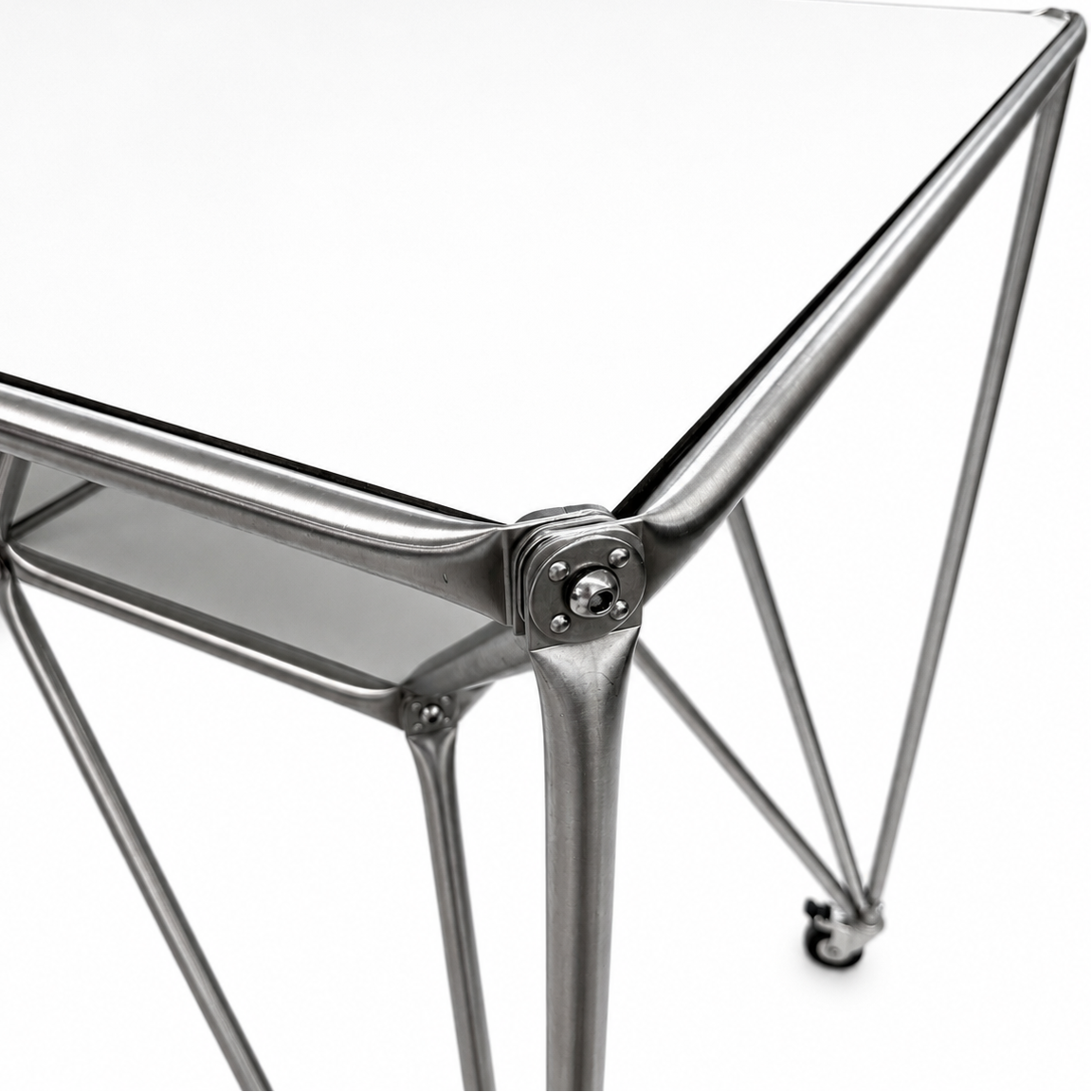 System 180 DT-Line Table T4, modern silver metal frame, white top, industrial design, on casters.