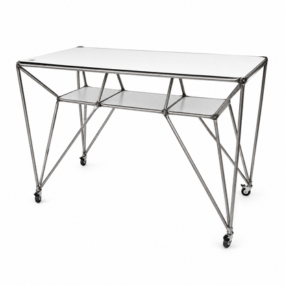 System 180 DT-Line Table T4, white top, silver metal frame with shelves and wheels.