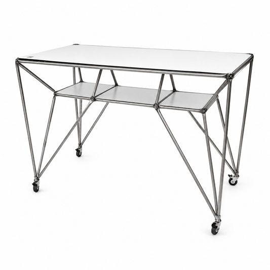 System 180 DT-Line Table T4, white top, silver metal frame with shelves and wheels.