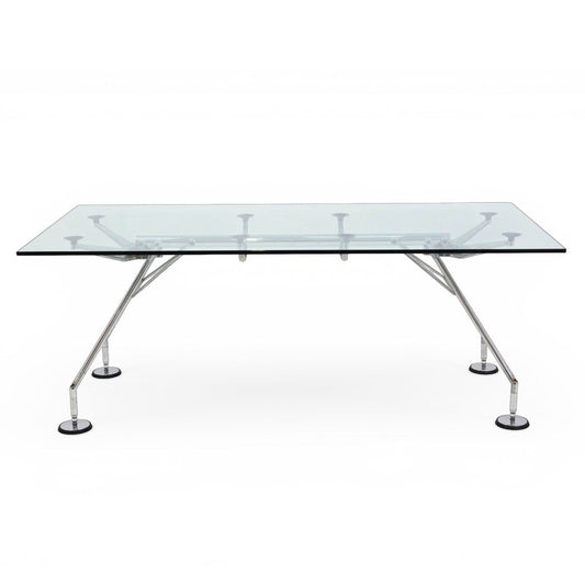 Tecno Nomos Norman Foster Glastisch: transparenter Tisch mit silbernem Stahlgestell.