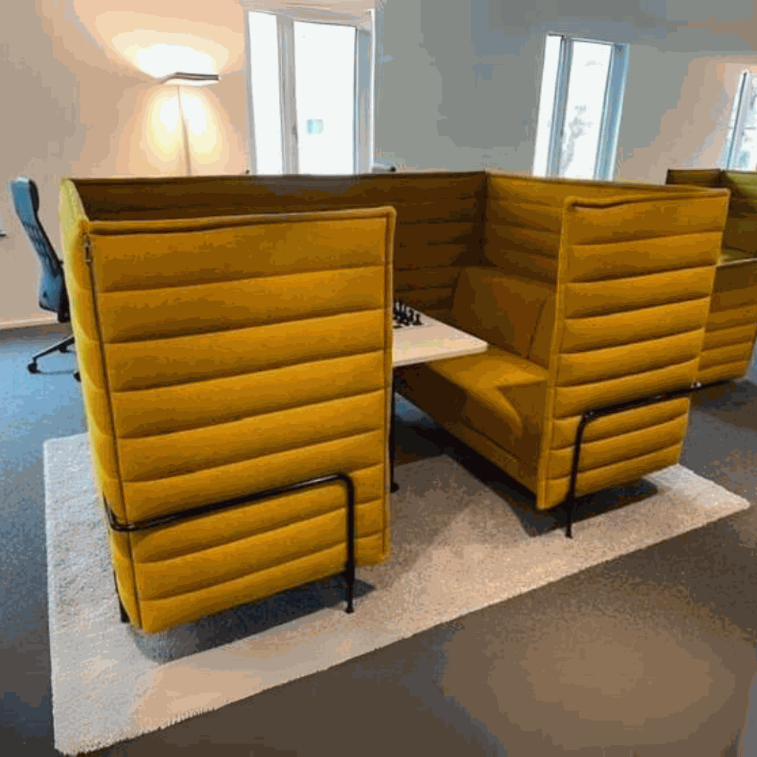 Object Carpet RugX anthracite rectangular office rug 280x200 cm under yellow high-back seating booths