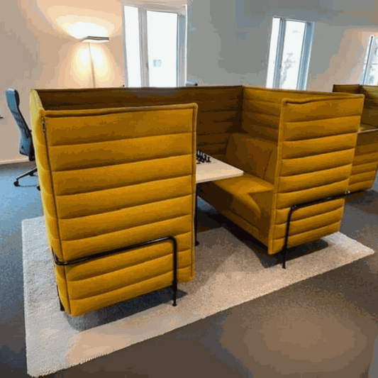 Object Carpet RugX anthracite rectangular office rug 280x200 cm under yellow high-back seating booths