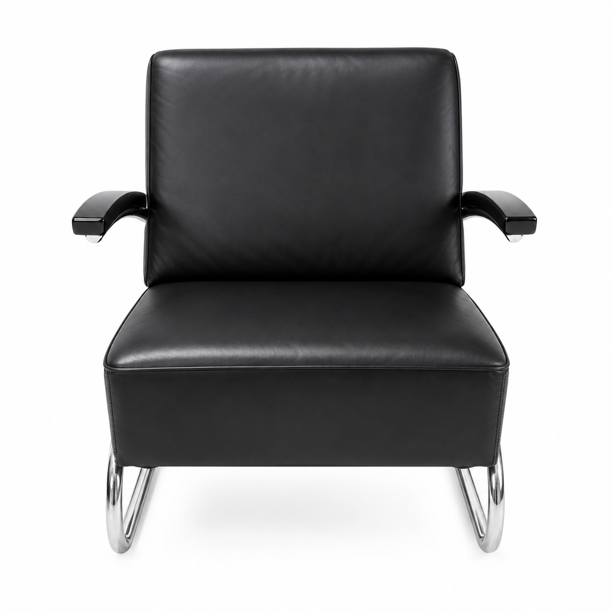Thonet S 411 Freischwinger Sessel aus schwarzem Leder mit verchromtem Stahlrohrgestell.