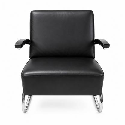 Thonet S 411 Freischwinger Sessel aus schwarzem Leder mit verchromtem Stahlrohrgestell.