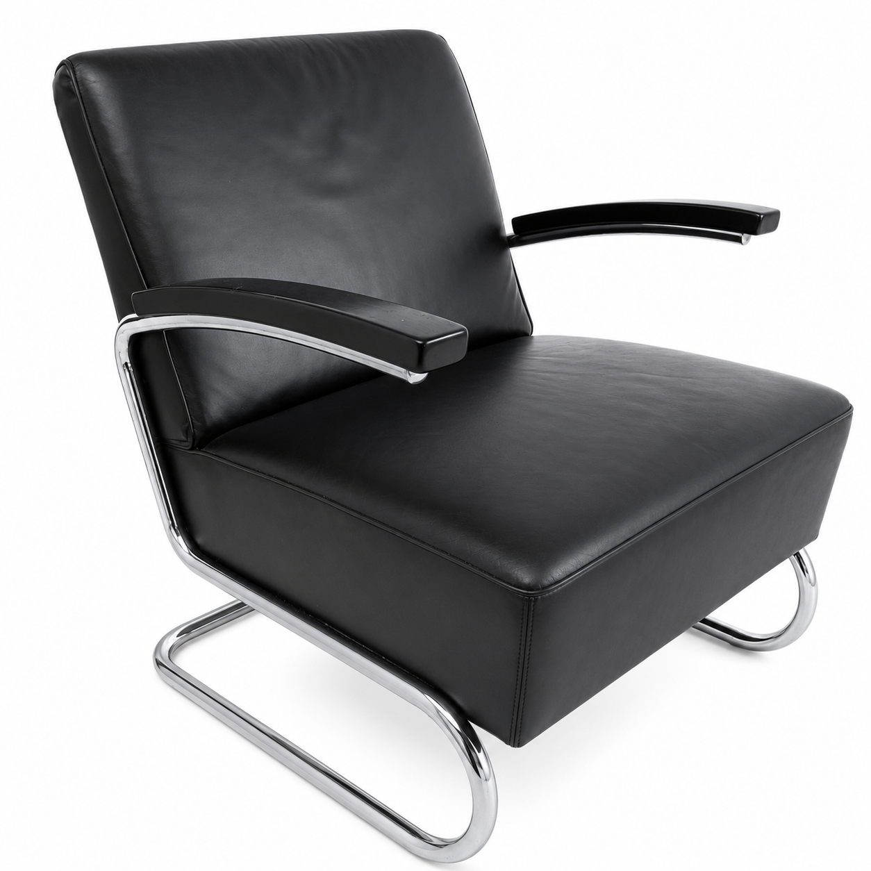 Thonet S 411 Freischwinger Sessel aus schwarzem Leder mit verchromtem Stahlrohrgestell.