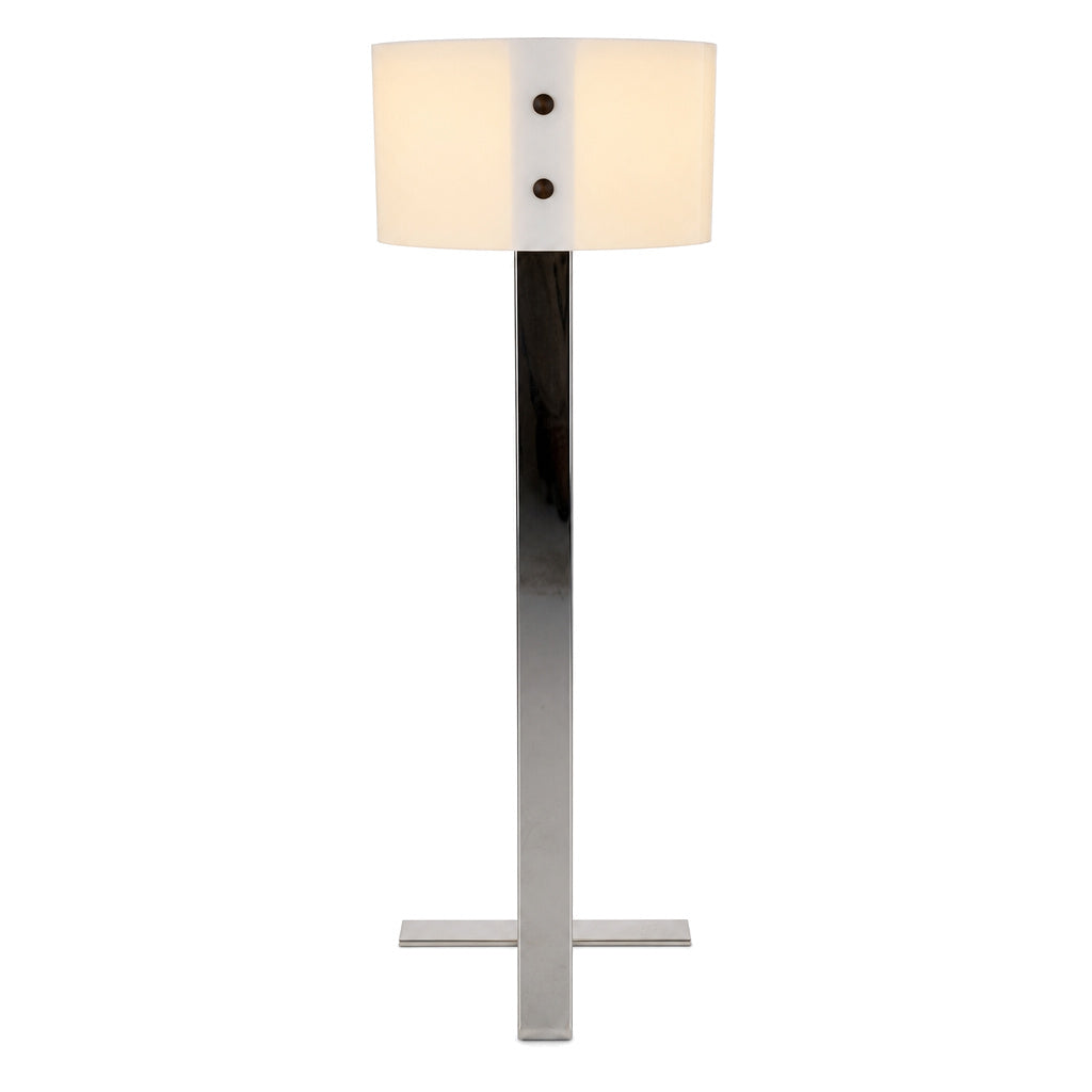 Tobias Grau Mary Stehleuchte mit weißem zylindrischem Schirm und glänzendem Chrom-Standfuß, 110 cm hoch.