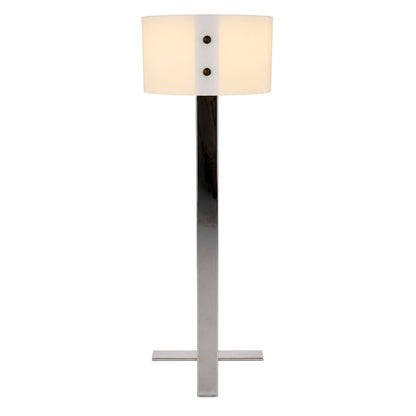 Tobias Grau Mary Stehleuchte mit weißem zylindrischem Schirm und glänzendem Chrom-Standfuß, 110 cm hoch.