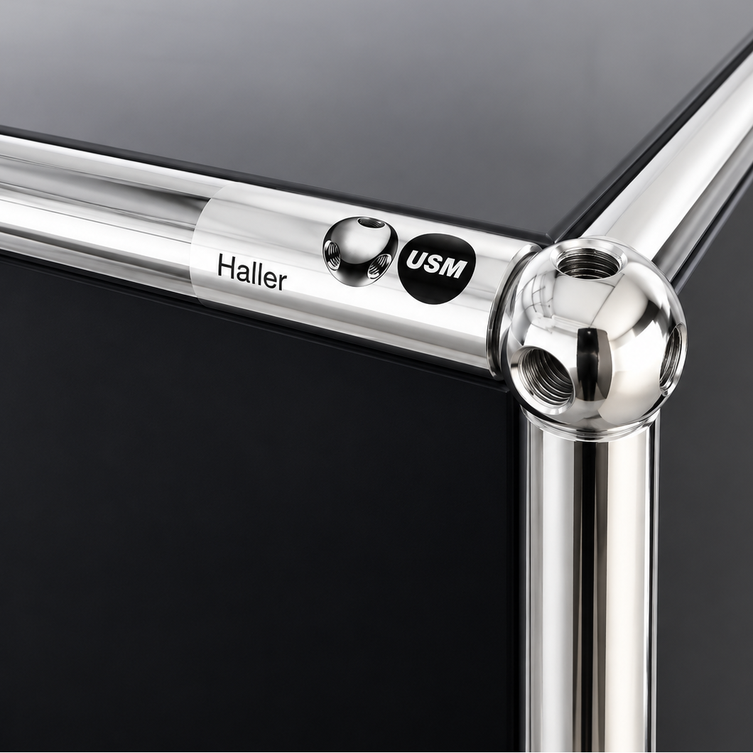 Detailaufnahme eines anthrazitfarbenen USM Haller Sideboards mit verchromtem Stahlrohrrahmen und markantem Kugelgelenk.