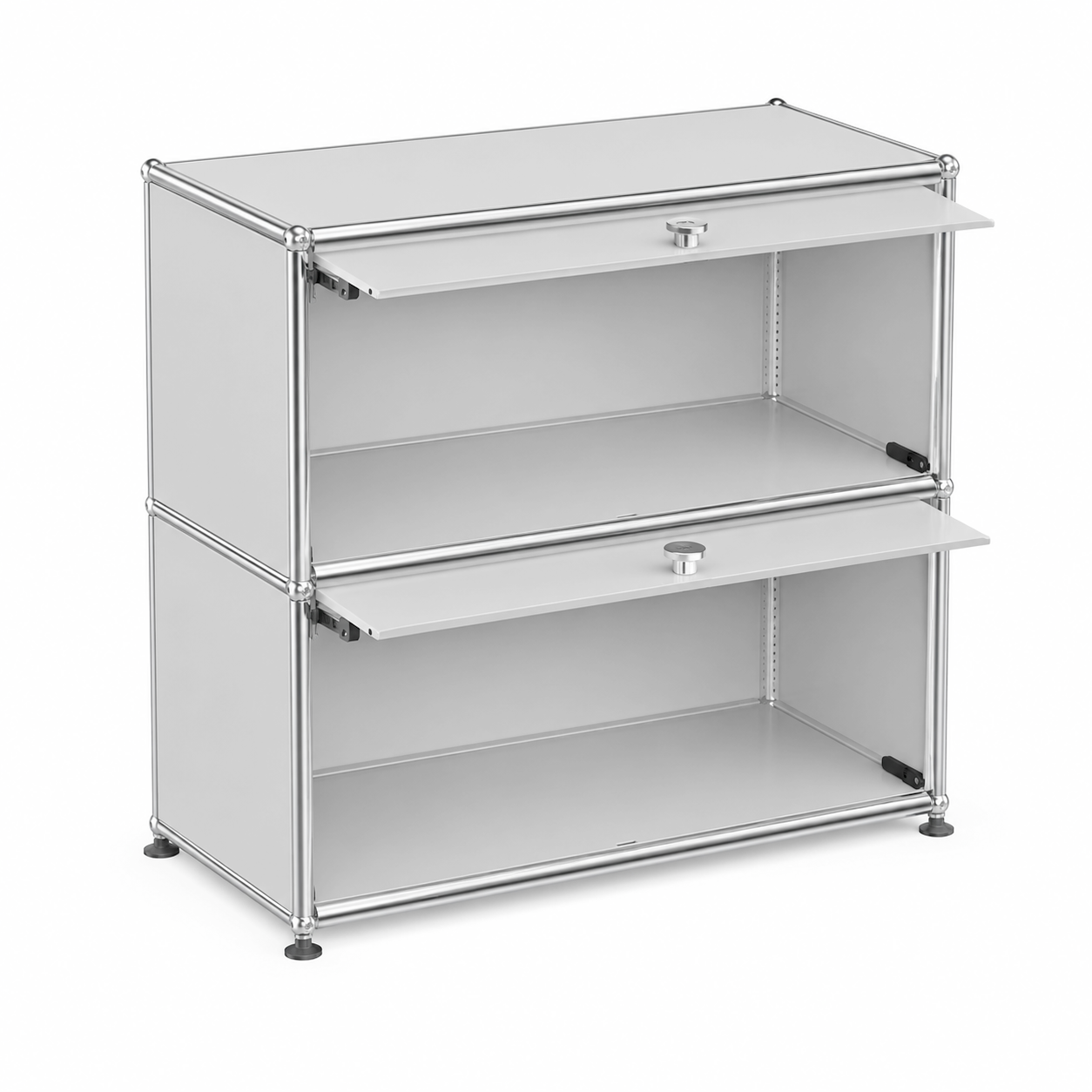 USM Haller 1x2 Sideboard in lichtgrau mit zwei offenen Einschüben und Chromgestell.