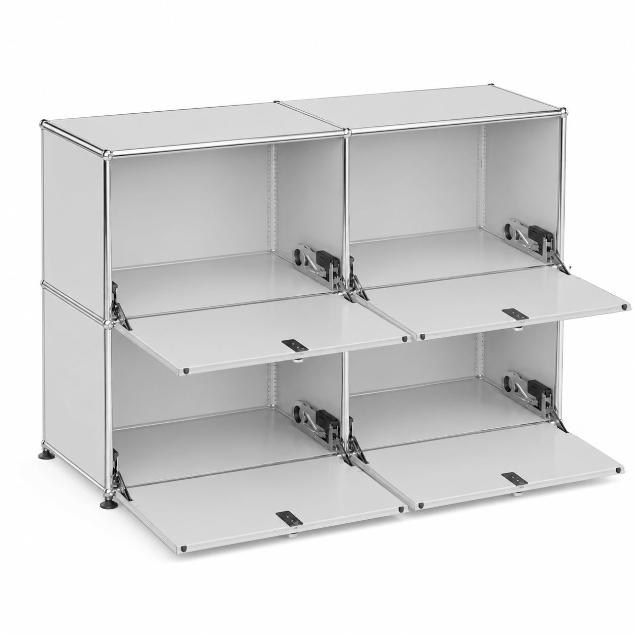USM Haller 2x2 Sideboard in lichtgrau mit 4 Klappen und Softclose, modernes Metallmöbel.