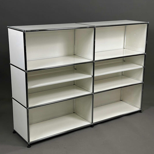 weißes USM Haller Highboard 2x3 mit Zwischentablar und Edelstahlrahmen