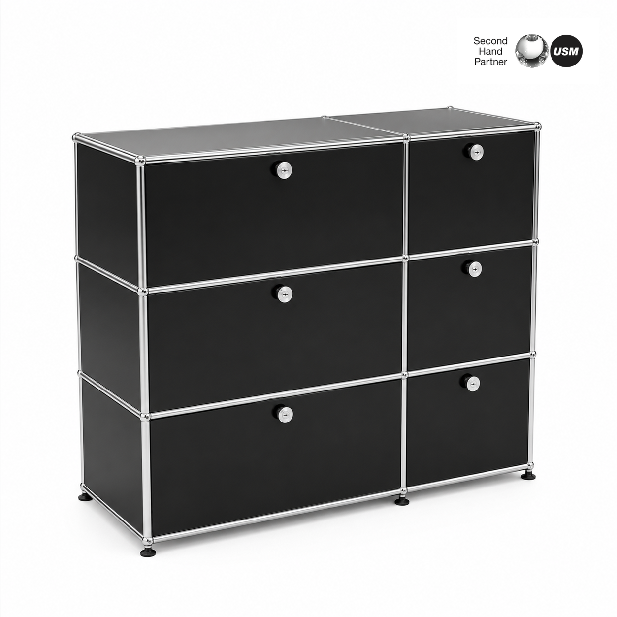 USM Haller Sideboard 2x3 schwarz mit 6 Klappen, modernes Design, Chromgestell.