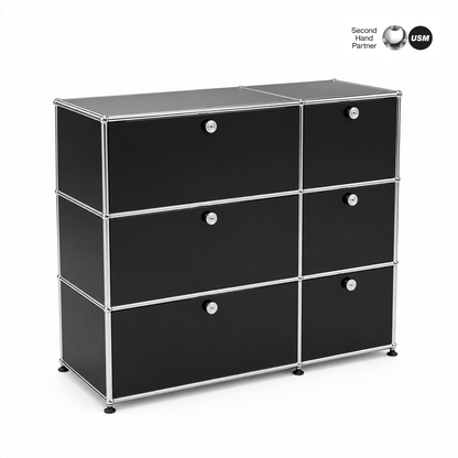 USM Haller Sideboard 2x3 schwarz mit 6 Klappen, modernes Design, Chromgestell.