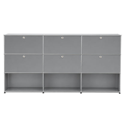 USM Haller Highboard in Mittelgrau mit 3x3 Struktur, sechs Klapptüren und verchromtem Stahlrohrrahmen.