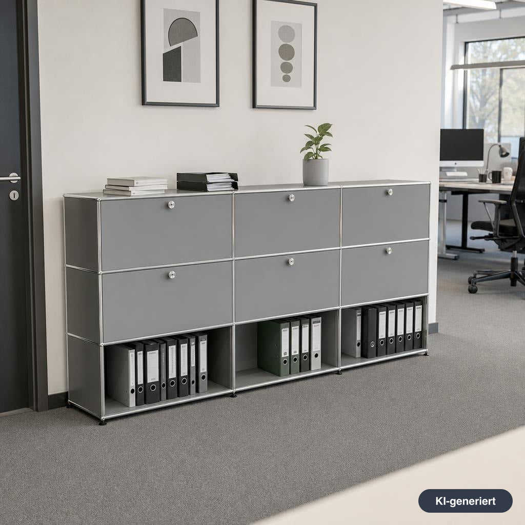 USM Haller Highboard 3x3 in Mittelgrau mit sechs Klapptüren und offenen Regalfächern für Aktenordner im modernen Büro.
