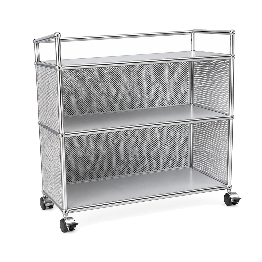 USM Haller Barwagen in Mattsilber mit zwei Ebenen, perforierten Seitenwänden und Rollen, 77x78x37 cm.