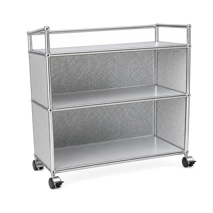 USM Haller Barwagen in Mattsilber mit zwei Ebenen, perforierten Seitenwänden und Rollen, 77x78x37 cm.