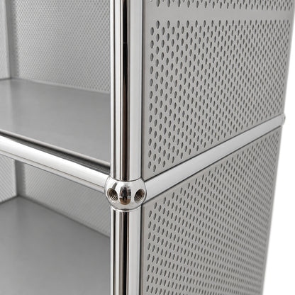 USM Haller Barwagen in Mattsilber mit charakteristischem Chrom-Knotenpunkt und perforierten Seitenwänden.