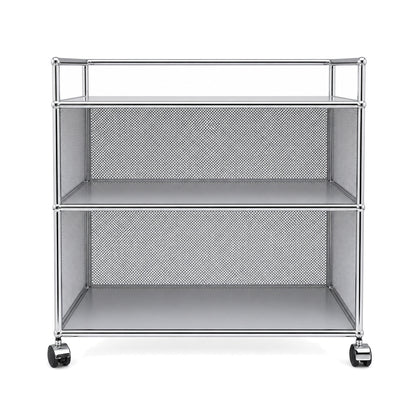 USM Haller Barwagen in Mattsilber mit perforierten Seitenwänden, zwei Ablagen und Rollen, 77x78x37 cm.