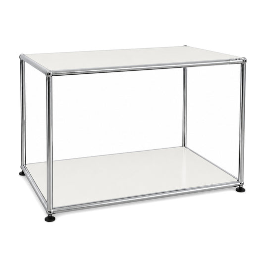 USM Haller Beistelltisch in Lichtgrau mit verchromtem Stahlrohrrahmen, 75x55x53 cm.