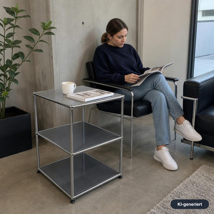 Mittelgrauer USM Haller Beistelltisch mit drei Ebenen, verchromtem Stahlrohrgestell und 53x53x74 cm Maßen in modernem Wohnambiente.