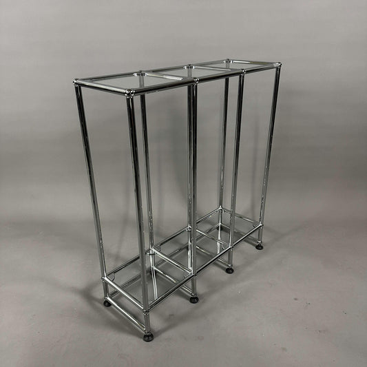USM Haller Glasregal 3x2 aus Chrom mit sechs Glasplatten, minimalistisches modernes Regal, Maße 90x87x28 cm