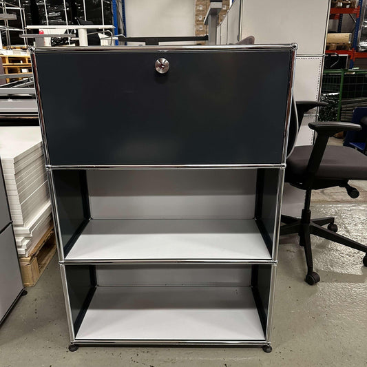 USM Haller High Board in light gray and anthracite with lockable top compartment and two open shelves