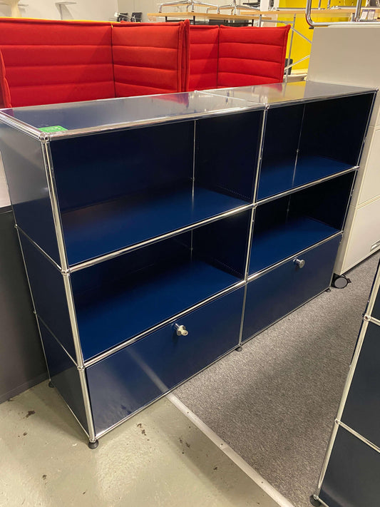 USM Haller highboard in steel blue with two lockable flaps and open shelving, measuring 153x109x38cm