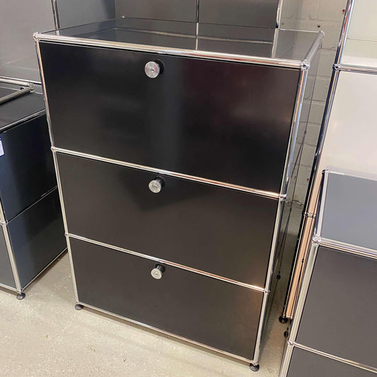 Black USM Haller Highboard with three drawers and chrome frame, 75x109x52cm