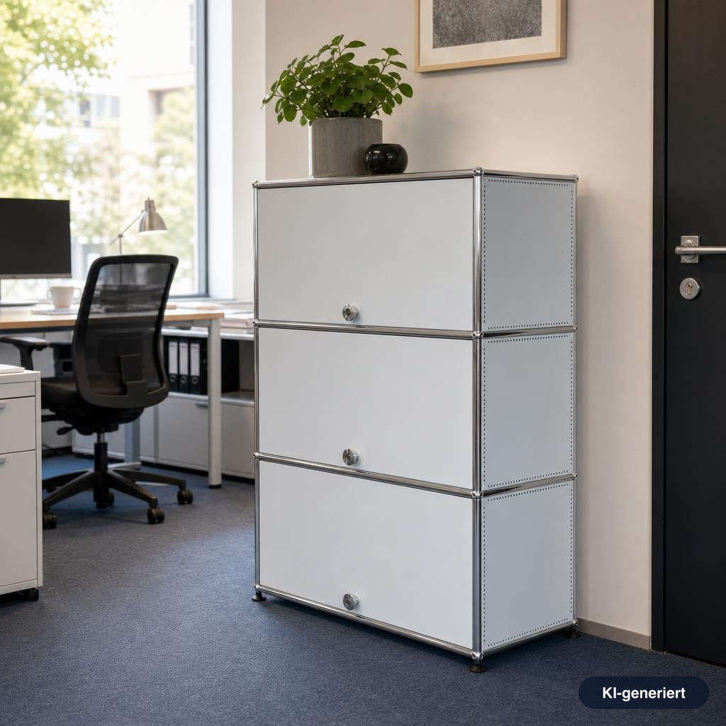 USM Haller Highboard 1x3 in Lichtgrau mit drei Einschubtüren und verchromtem Metallrahmen im modernen Büro.