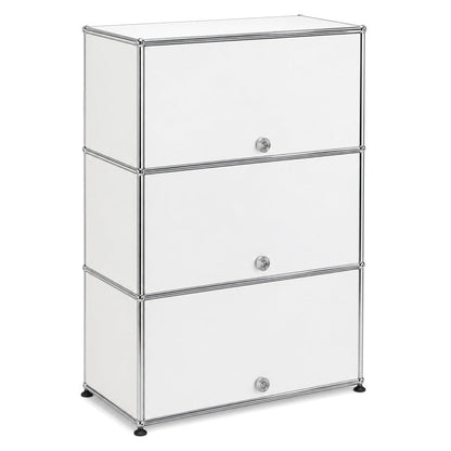 Weißes USM Haller Highboard mit drei Einschubtüren und verchromtem Stahlrohrrahmen, Maße 77x109x38 cm.
